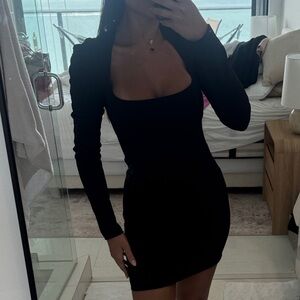 Mugler Black Long-Sleeve Square-Neck Bodycon Dress